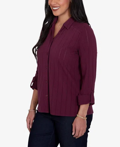 Ruby Rd. Petite Striped 3/4-sleeve Henley Collar Blouse In Fig