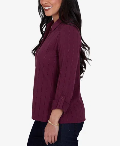Ruby Rd. Petite Striped 3/4-sleeve Henley Collar Blouse In Fig