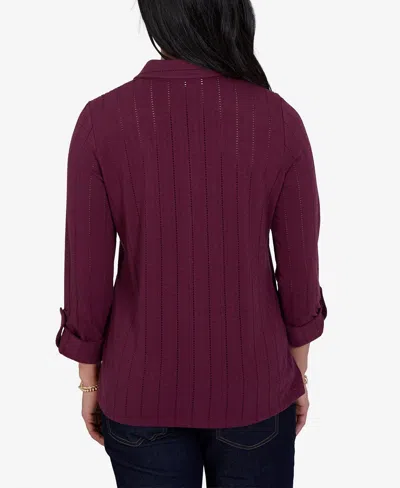 Ruby Rd. Petite Striped 3/4-sleeve Henley Collar Blouse In Fig