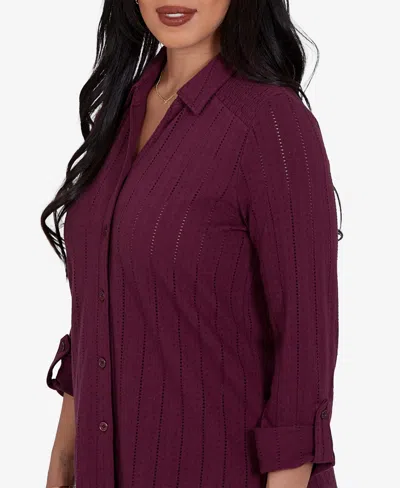 Ruby Rd. Petite Striped 3/4-sleeve Henley Collar Blouse In Fig