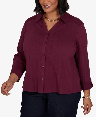 Ruby Rd. Plus Size Striped Roll-tab Button-front Blouse In Fig