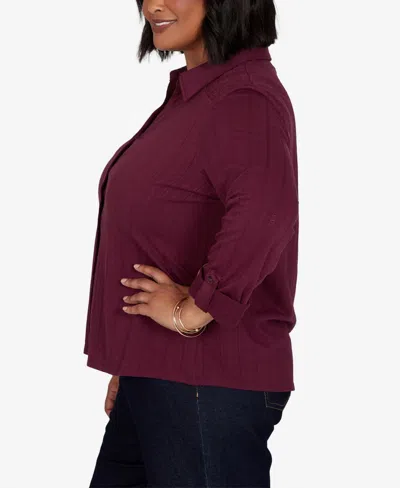 Ruby Rd. Plus Size Striped Roll-tab Button-front Blouse In Fig