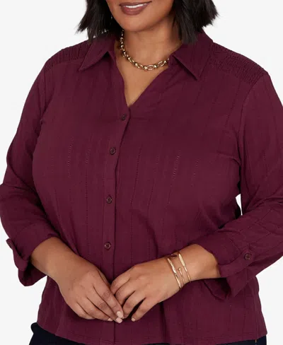Ruby Rd. Plus Size Striped Roll-tab Button-front Blouse In Fig
