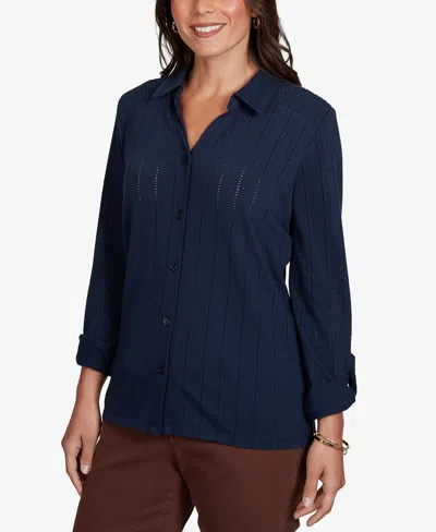Ruby Rd. Petite Striped 3/4-sleeve Henley Collar Blouse In Navy