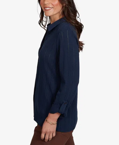 Ruby Rd. Petite Striped 3/4-sleeve Henley Collar Blouse In Navy