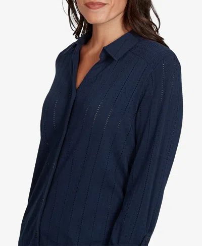 Ruby Rd. Petite Striped 3/4-sleeve Henley Collar Blouse In Navy