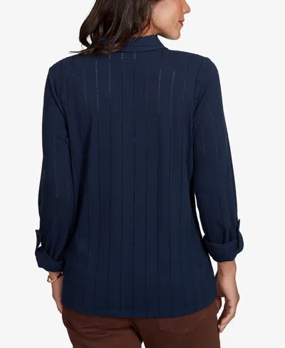 Ruby Rd. Petite Striped 3/4-sleeve Henley Collar Blouse In Navy