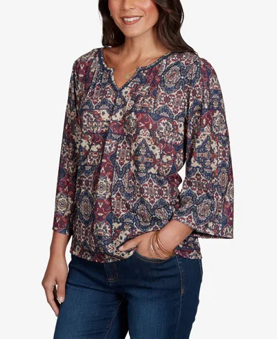 Ruby Rd. Petite Patchwork 3/4-sleeve Henley Blouse In Scarlet Multi