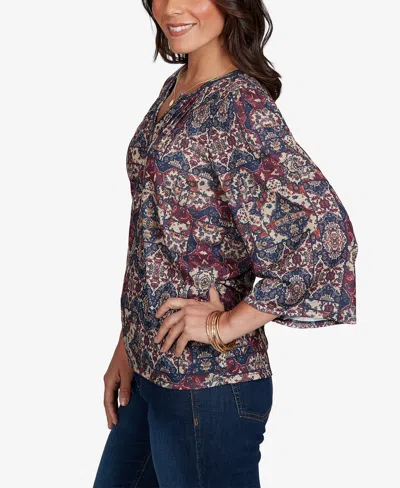Ruby Rd. Petite Patchwork 3/4-sleeve Henley Blouse In Scarlet Multi