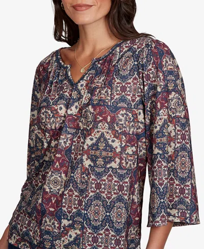 Ruby Rd. Petite Patchwork 3/4-sleeve Henley Blouse In Scarlet Multi