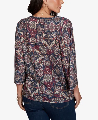 Ruby Rd. Petite Patchwork 3/4-sleeve Henley Blouse In Scarlet Multi