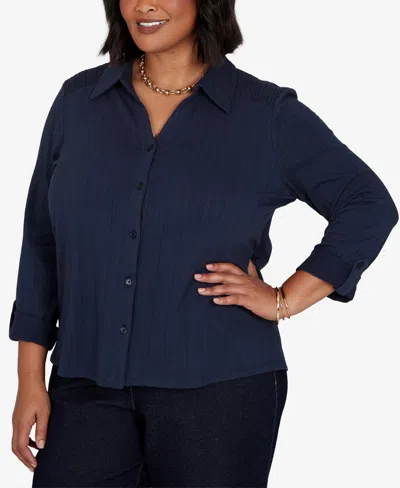 Ruby Rd. Plus Size Striped Roll-tab Button-front Blouse In Navy