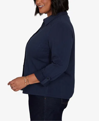 Ruby Rd. Plus Size Striped Roll-tab Button-front Blouse In Navy