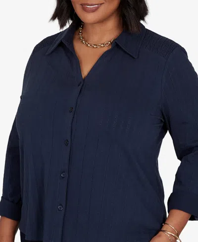 Ruby Rd. Plus Size Striped Roll-tab Button-front Blouse In Navy