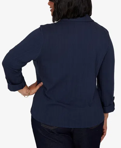 Ruby Rd. Plus Size Striped Roll-tab Button-front Blouse In Navy