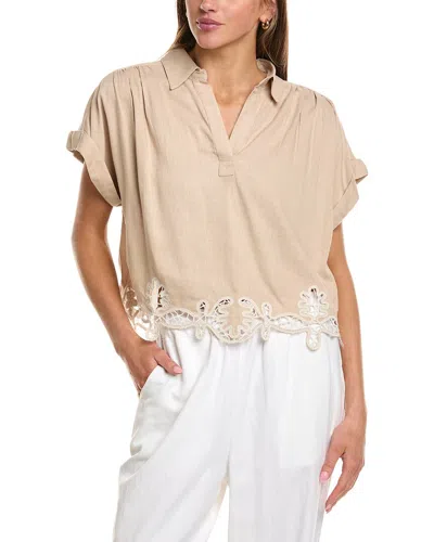 1.state Short Sleeve Collared Blouse In Brown