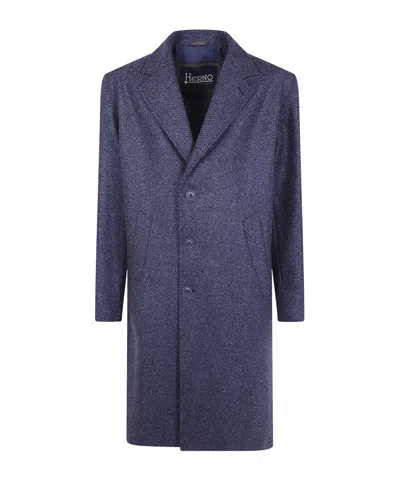Herno Herringbone Single-breasted Coat In Blue
