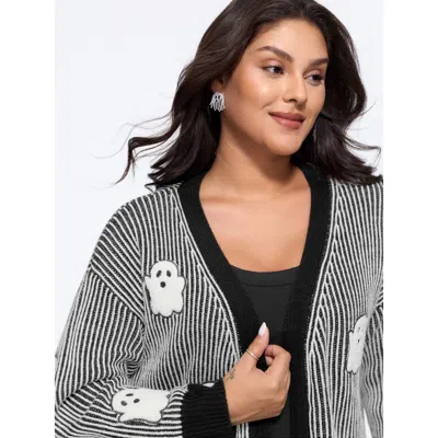 Bloomchic Vertical Stripe Ghost Patch Embroidery Cardigan In Black