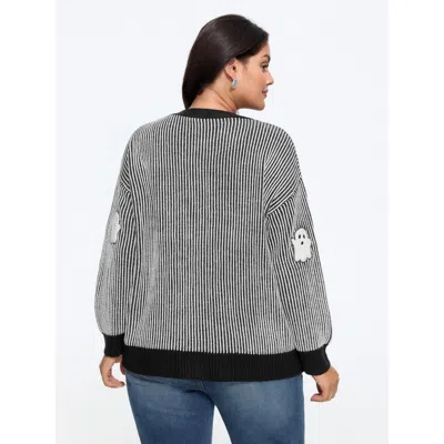Bloomchic Vertical Stripe Ghost Patch Embroidery Cardigan In Black