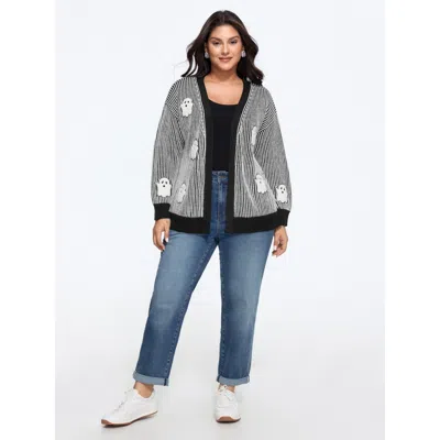 Bloomchic Vertical Stripe Ghost Patch Embroidery Cardigan In Black