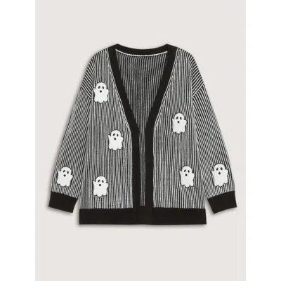 Bloomchic Vertical Stripe Ghost Patch Embroidery Cardigan In Black
