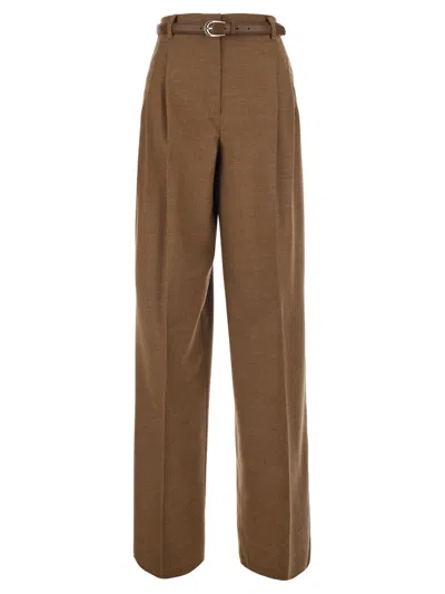 Max Mara Studio High-cut Wool-blend Pants With Matching Belt In Brown