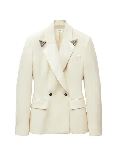 Versace Stretch Wool Blazer With Embroidered Lapels In Neutral