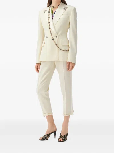 Versace Stretch Wool Blazer With Embroidered Lapels In Neutral