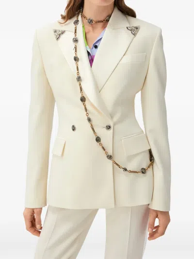 Versace Stretch Wool Blazer With Embroidered Lapels In Neutral