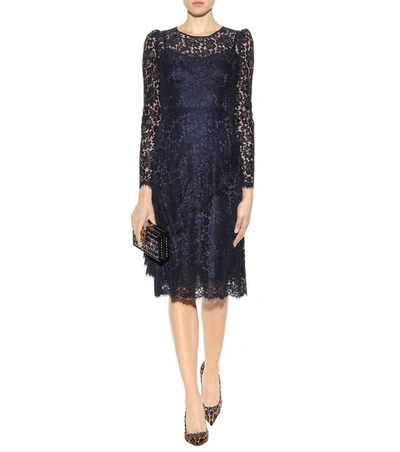 Shop Dolce & Gabbana Lace Dress With Flounce In Very Dark Llue 1