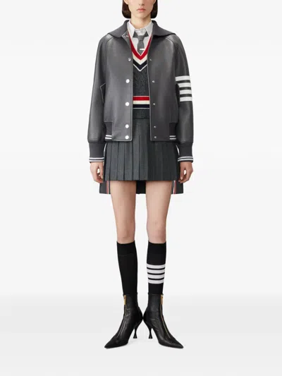 Thom Browne Gray Leather 4-bar Oversized Blouson Jacket In Gray