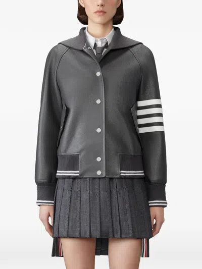 Thom Browne Gray Leather 4-bar Oversized Blouson Jacket In Gray