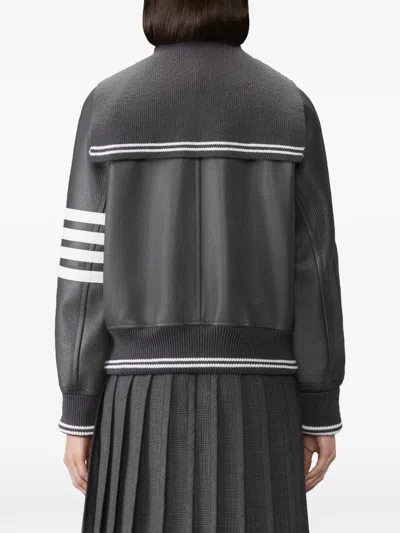 Thom Browne Gray Leather 4-bar Oversized Blouson Jacket In Gray