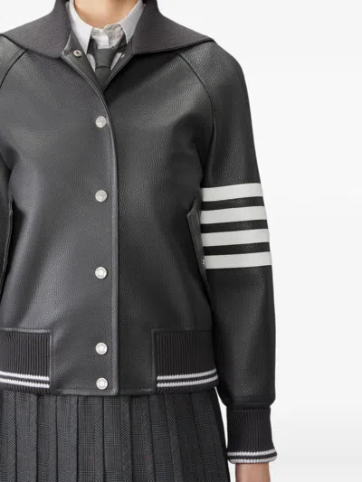 Thom Browne Gray Leather 4-bar Oversized Blouson Jacket In Gray