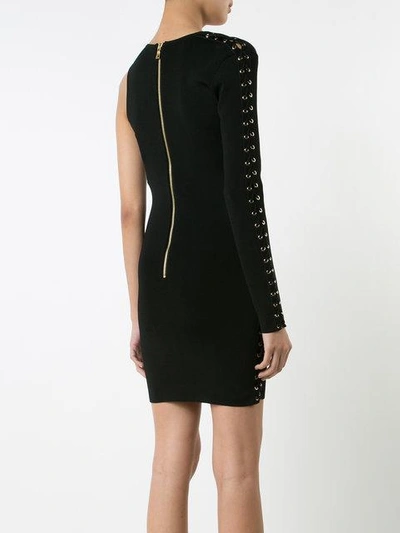 Shop Balmain One-shoulder Lace-up Eyelet Dress In Black