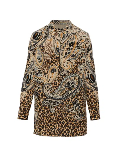 Etro Multicolor Shirt With Classic Collar And All-over Floral Animalier Silk In Brown