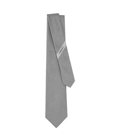 Ferragamo Pearl Grey Silk Tie With Micro-check Pattern In Gray