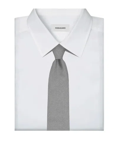 Ferragamo Pearl Grey Silk Tie With Micro-check Pattern In Gray