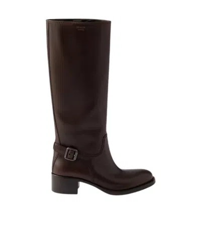 Prada Leather Boots In Brown