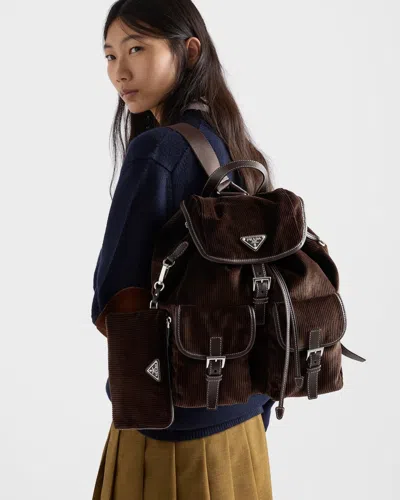 Prada Medium Corduroy And Leather Backpack In Ebony