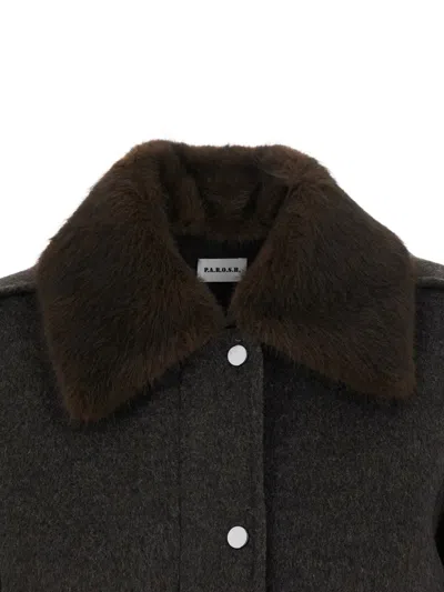 P.a.r.o.s.h . Faux Fur Collar Wool Jacket In Brown