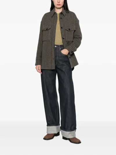 Closed Houndstooth-pattern Button-up Jacket In Brown