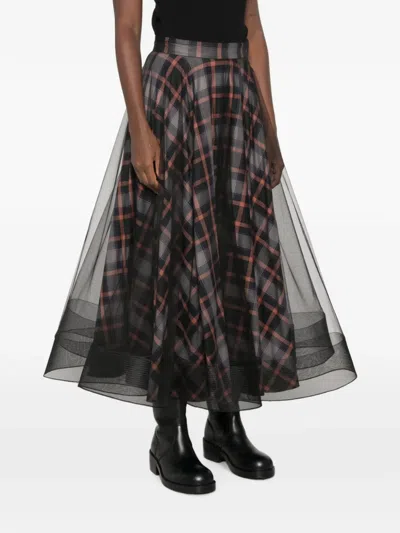 Quetsche Tulle-overlay Check-pattern Maxi Skirt In Black