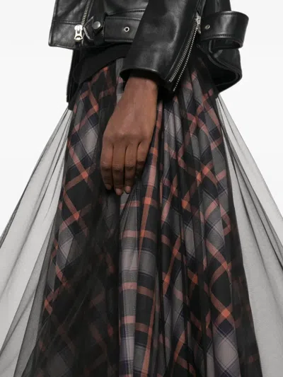 Quetsche Tulle-overlay Check-pattern Maxi Skirt In Black