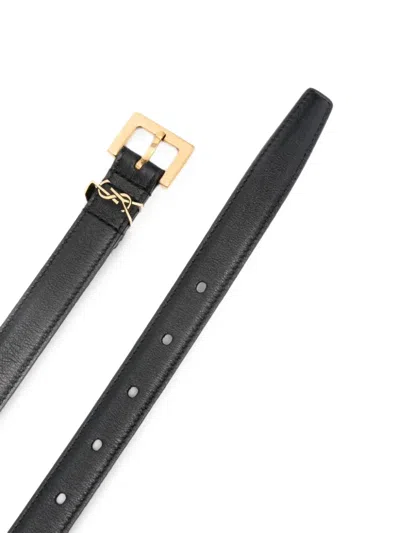 Saint Laurent Cassandre Thin Leather Belt In Black