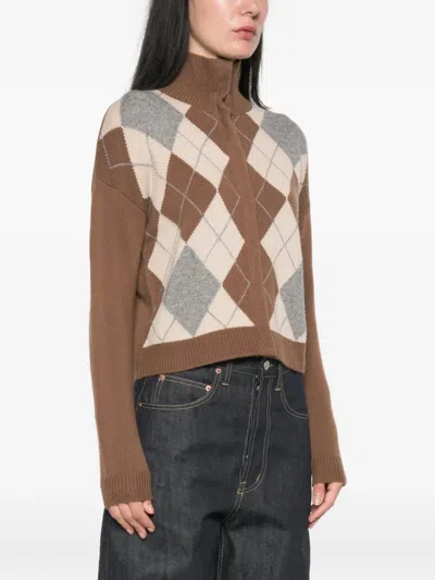 Max Mara Argyle-intarsia Button-collar Sweater In Brown