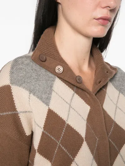 Max Mara Argyle-intarsia Button-collar Sweater In Brown
