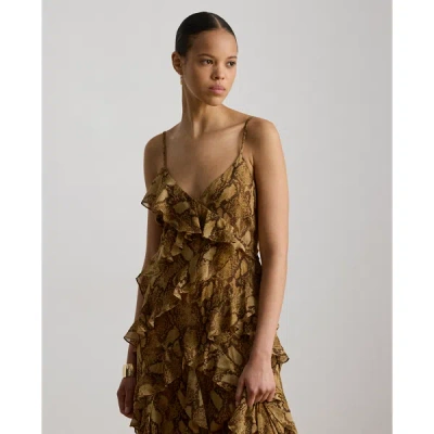 Ralph Lauren Python-print Ruffle-trim Georgette Gown In Tan Multi In Tan Multi
