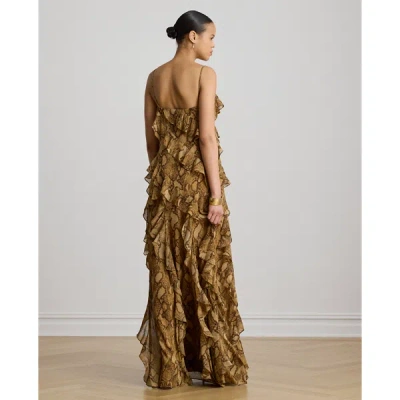 Ralph Lauren Python-print Ruffle-trim Georgette Gown In Tan Multi In Tan Multi