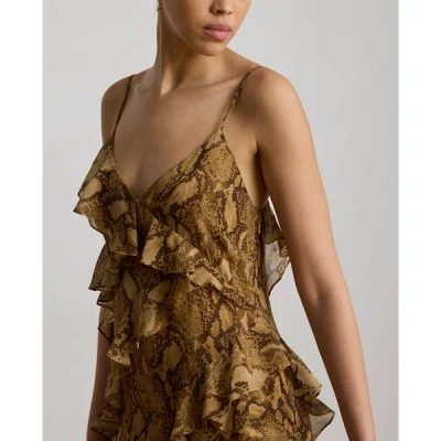 Ralph Lauren Python-print Ruffle-trim Georgette Gown In Tan Multi In Tan Multi